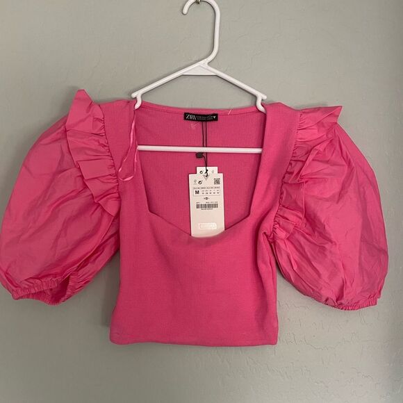 NWT ZARA PUFF sleeves RIBBED CROPPED Top PINK Size M - Picture 3 of 6